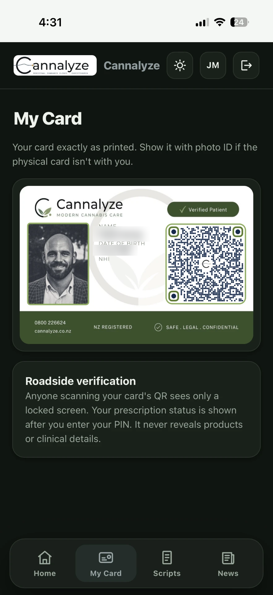 The Cannalyze app showing a patient card with name, photo and verified status